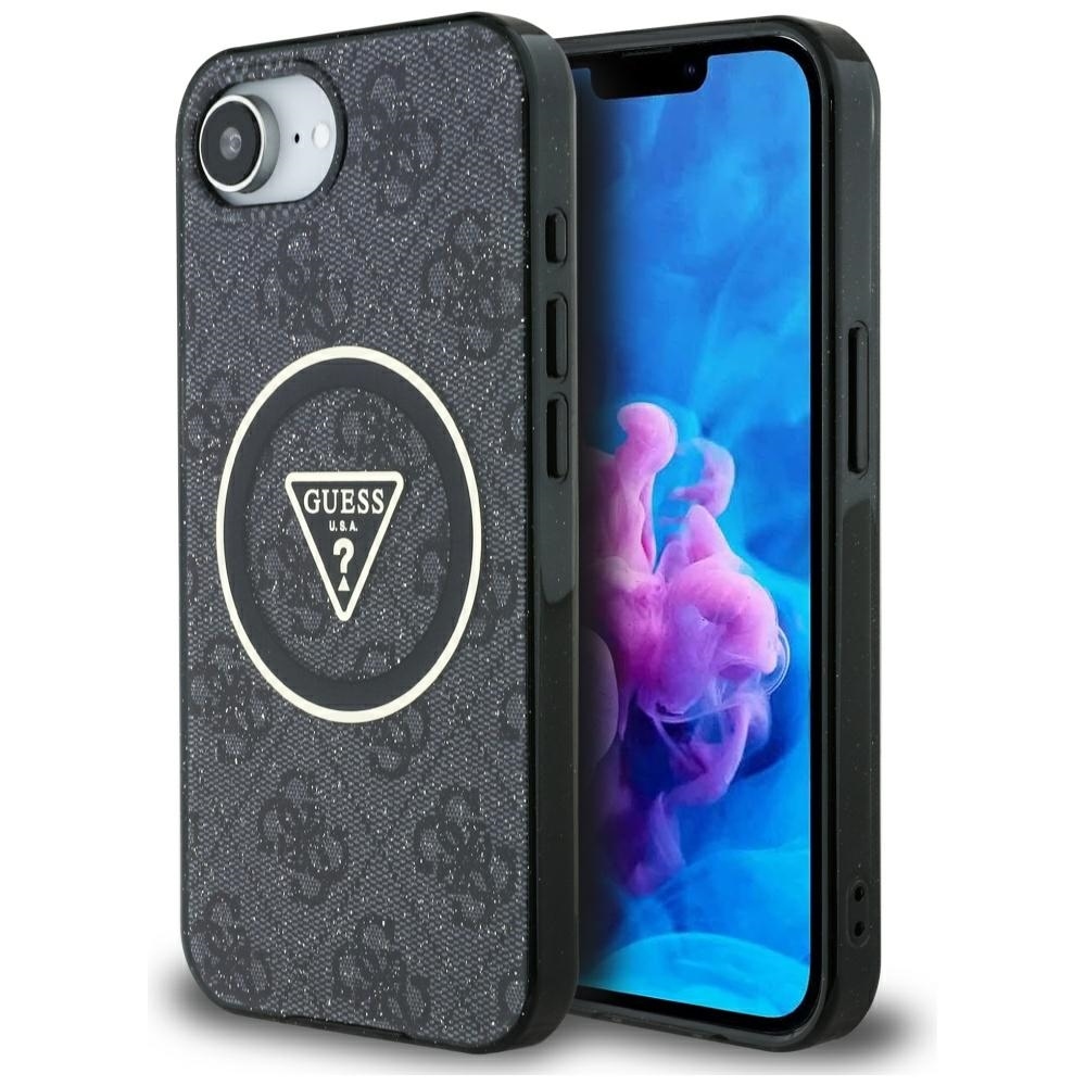 GUESS IML Metal Glitter 4G Circle Triangle MagSafe Alkuperäinen Suojakuori iPhone 17e/16e:lle - Musta