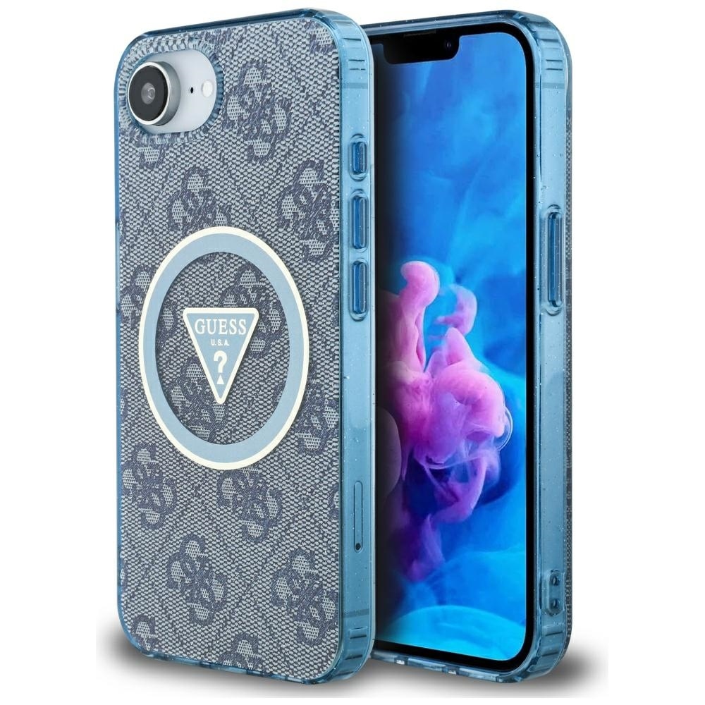 GUESS IML Metal Glitter 4G Circle Triangle MagSafe Alkuperäinen Suojakuori iPhone 17e/16e:lle - Sininen