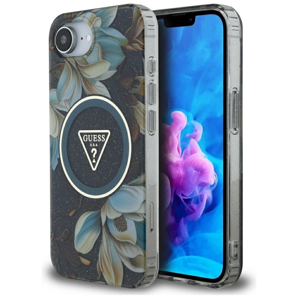 GUESS IML Metal Glitter Flowers Triangle MagSafe Alkuperäinen Suojakuori iPhone 17e/16e:lle - Musta