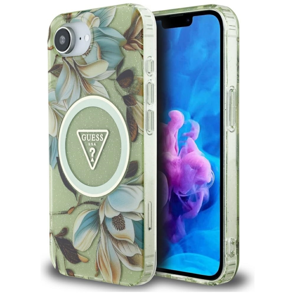 Guess IML Metal Glitter Flowers Triangle MagSafe iPhone 16e Case - Green