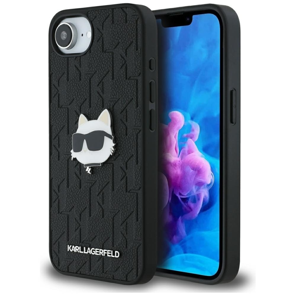 Karl Lagerfeld Monogram Choupette Head Pin iPhone 16e Suojakuori - Musta