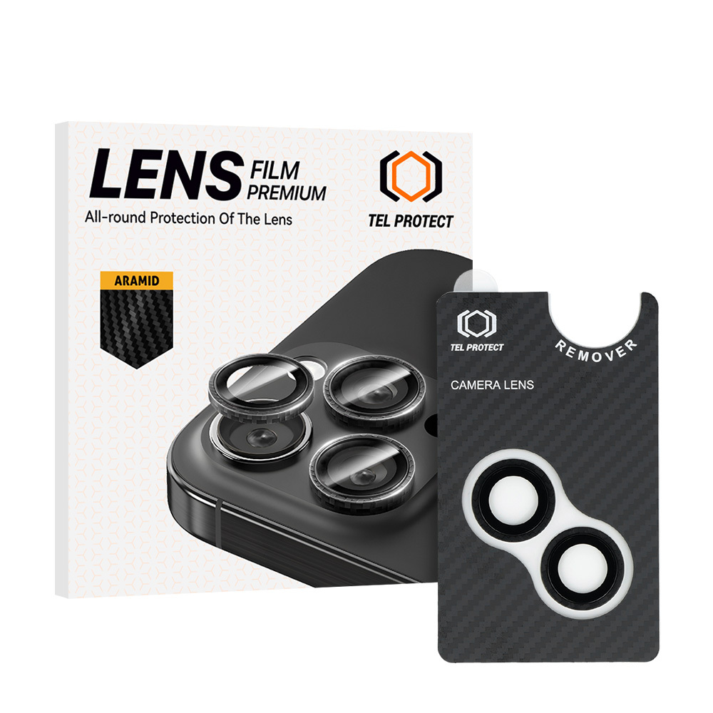 Karkaistu lasi Tel Protect 3D Lens Aramid Series kameralle iPhone 15/15 Plus:lle (linssiä 2 kpl)
