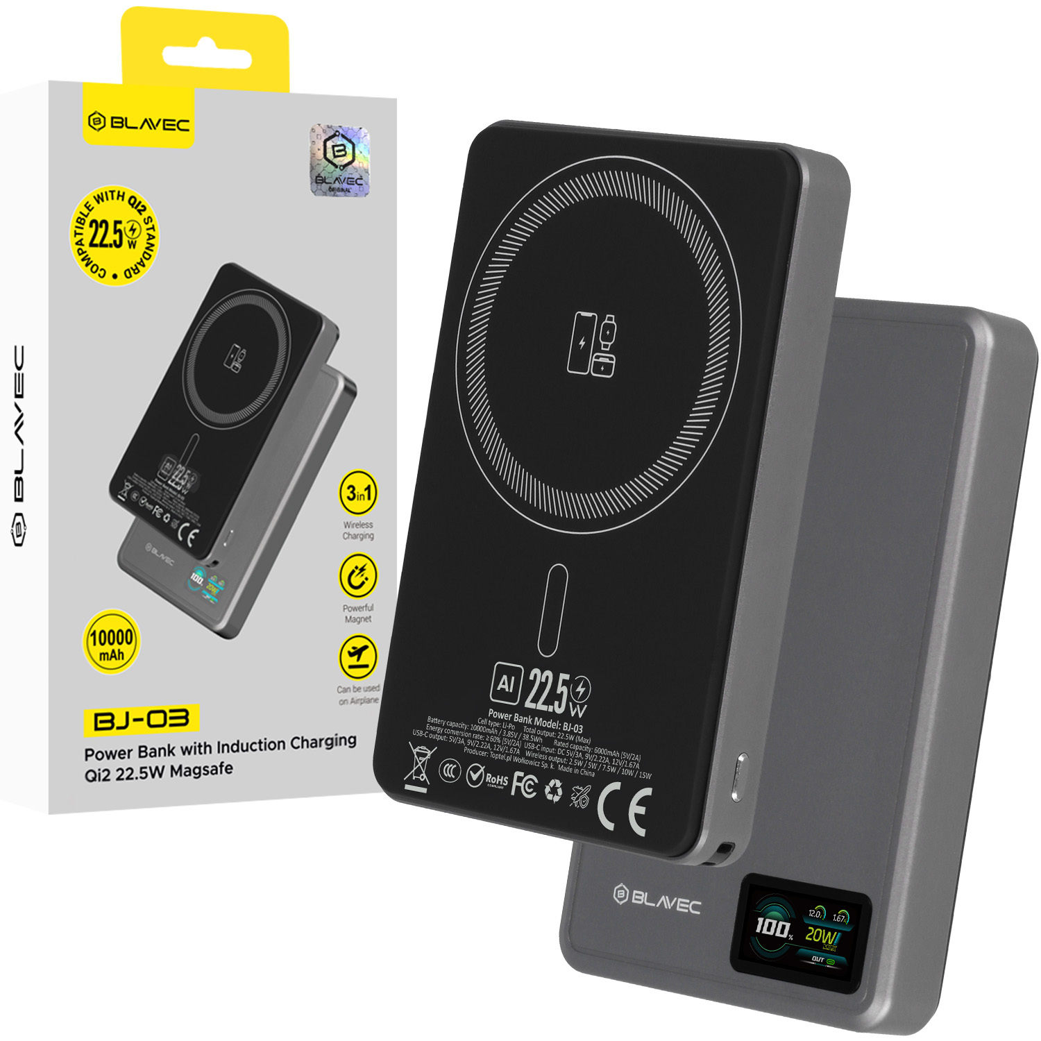Blavec Power Bank 10000mAh BJ-03 Slim 13,5mm - Type C - 22,5W magnetic Magsafe 3 in 1 (PBBJ03-MC10G) grey aluminum