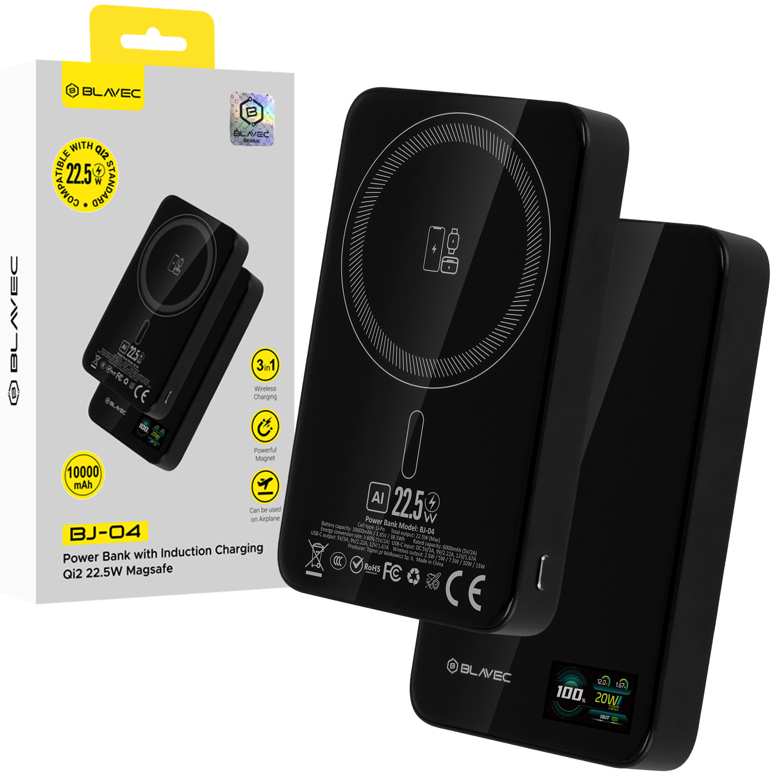 Blavec BJ-04 Slim 10000mAh 22,5W magneettinen MagSafe-yhteensopiva 3 in 1 varavirtalähde, musta lasi (PBBJ04-MC10B)