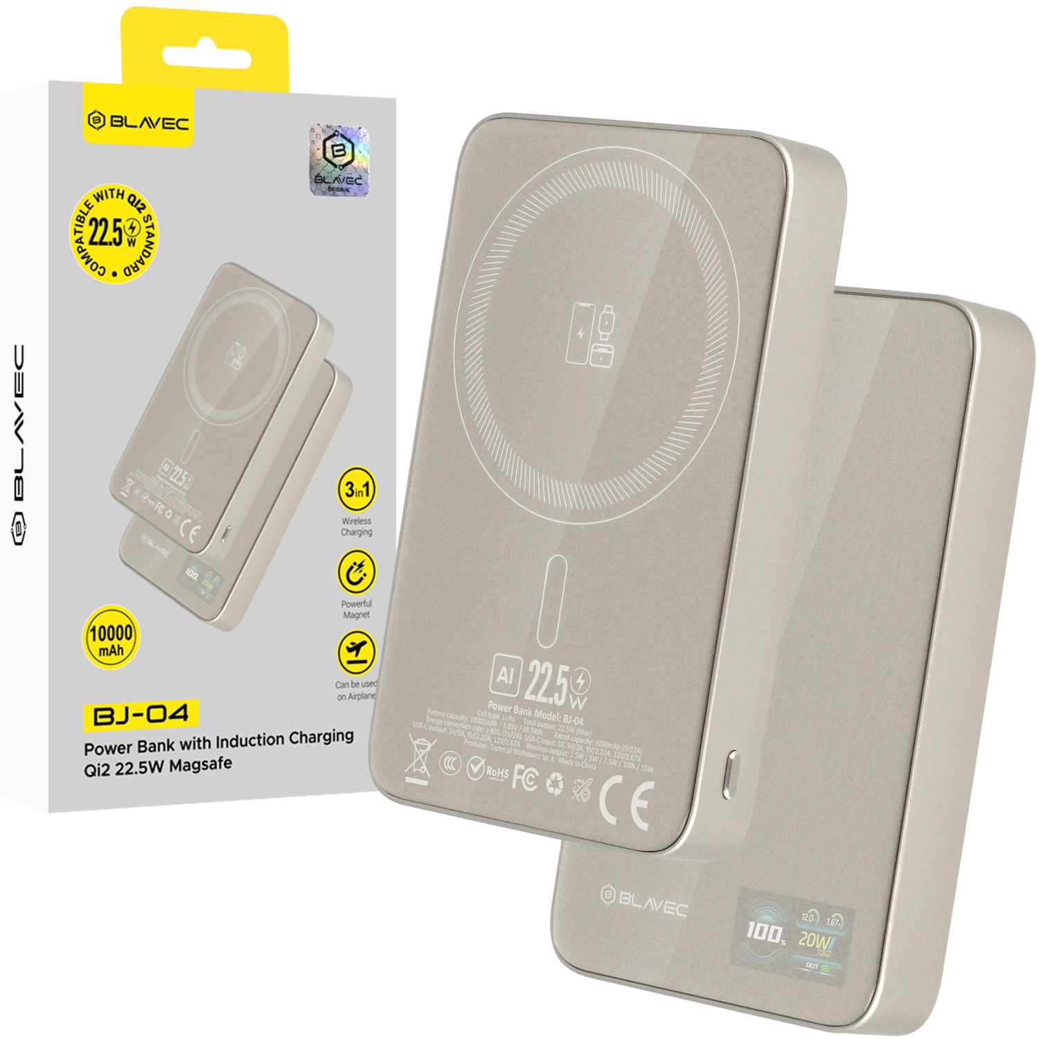 Blavec Power Bank 10000mAh BJ-04 Slim 13,5mm - Type C - 22,5W magnetic Magsafe 3 in 1 (PBBJ04-MC10GD) gold glass