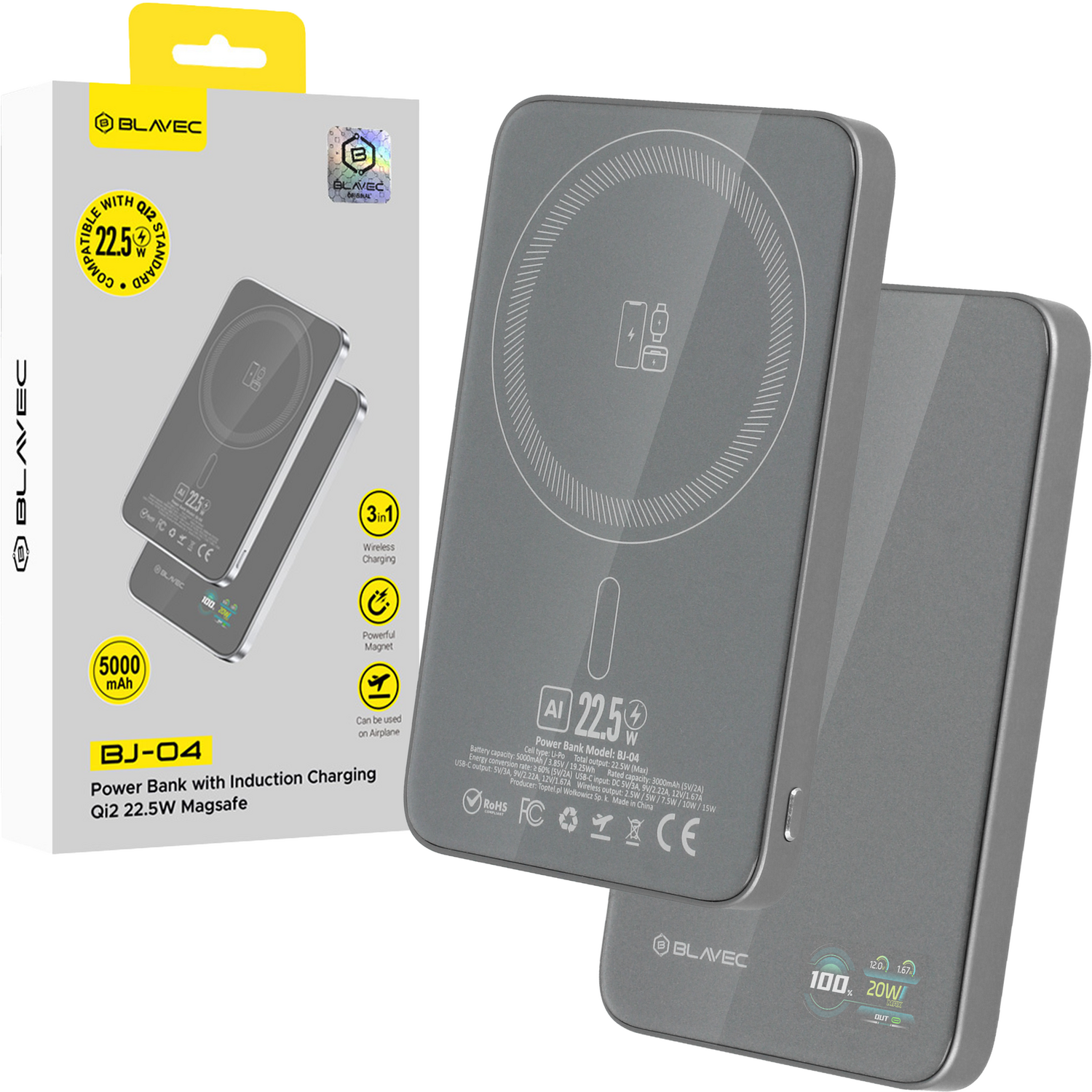 Blavec Power Bank 5000mAh BJ-04 Ultra Slim 7,8mm - Type C - 22,5W magnetic Magsafe 3 in 1 (PBBJ04-MC5G) grey glass