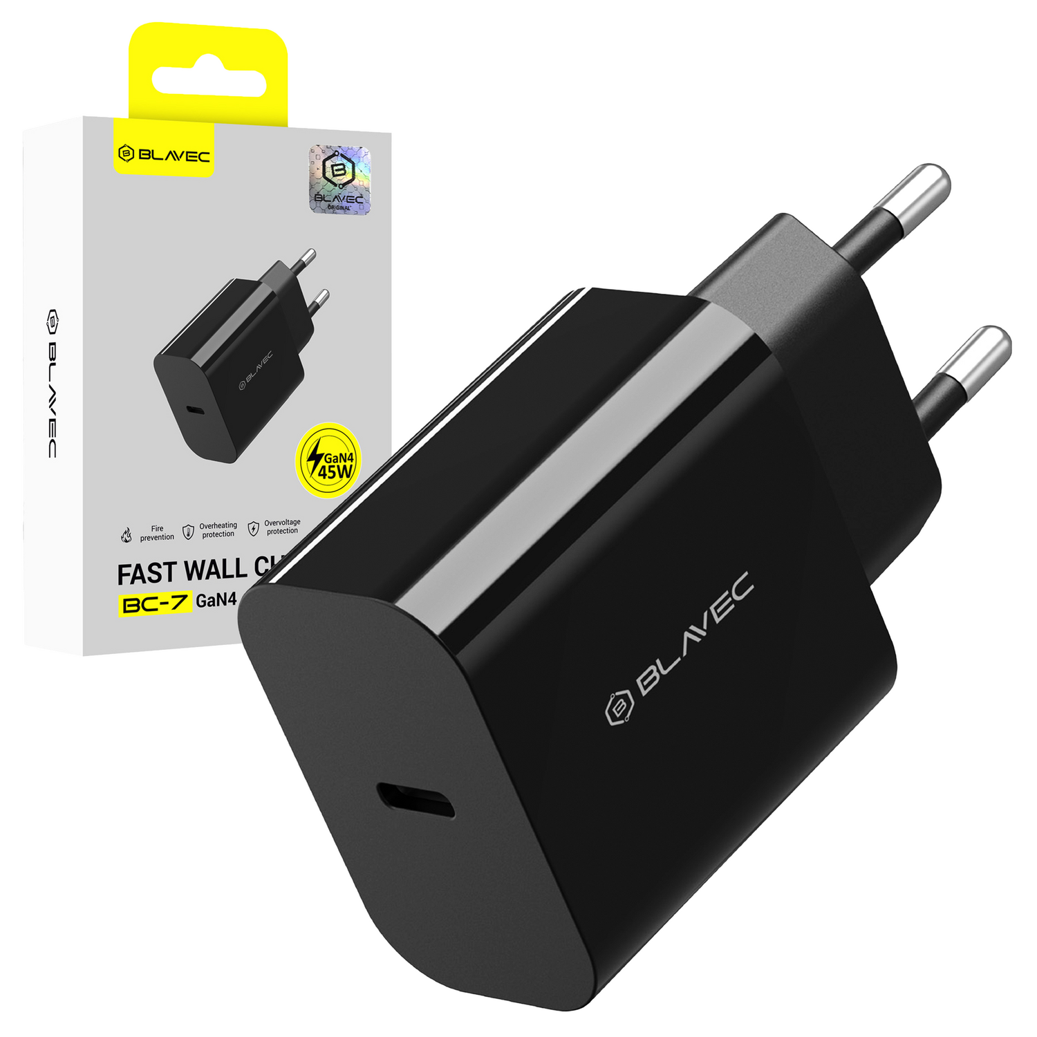 Blavec seinälaturi BC-7 GaN4 - Type C - PD QC 45W 3A (TCBC7G4-CB453A), musta