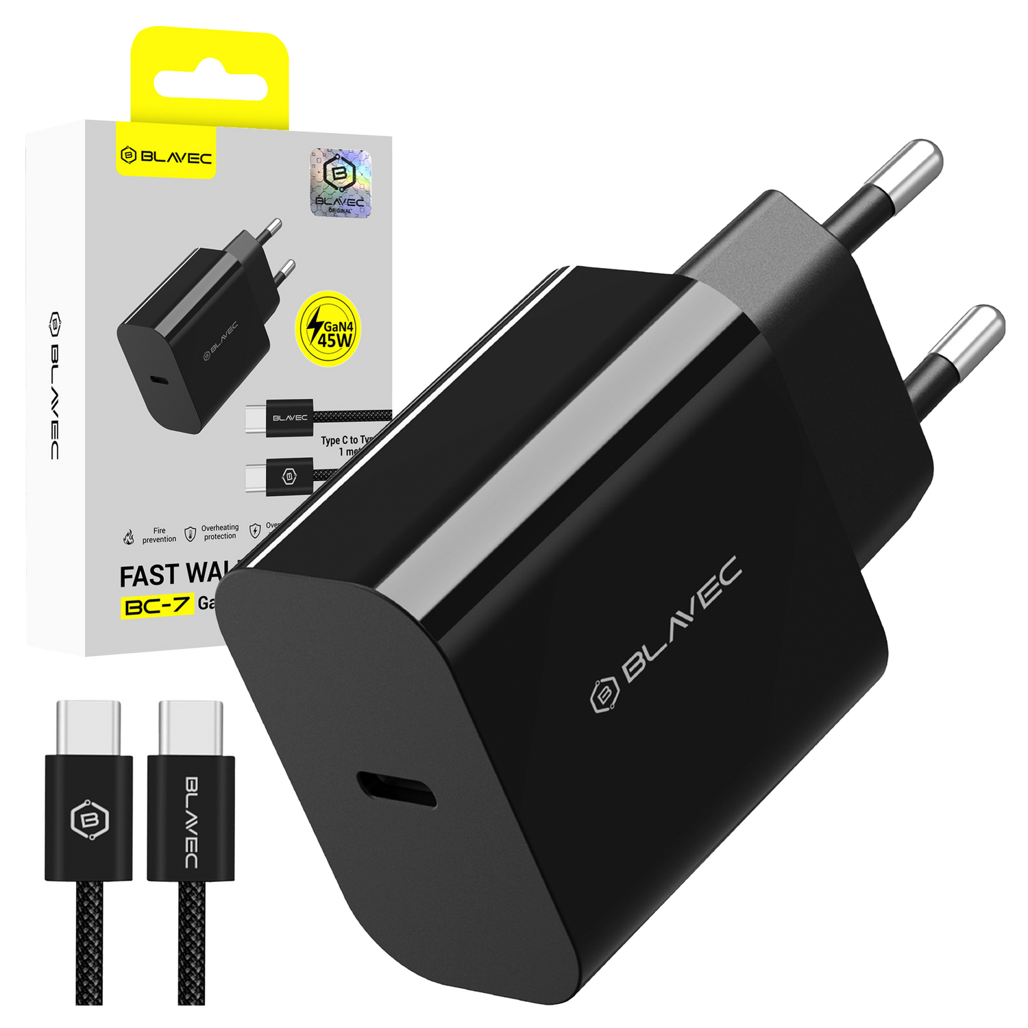 Blavec Seinälaturi BC-7 GaN4 - Type C - PD QC 45W 3A Type C - Type C -kaapelilla (TCBC7G4-CB453A+CC) musta