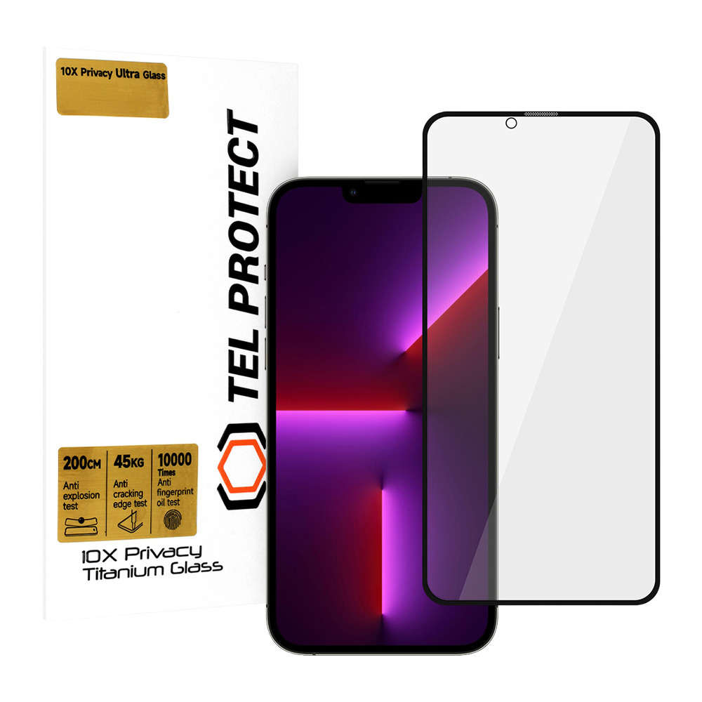 Karkaistu lasi Tel Protect 10X Privacy Titanium iPhone 13 Pro Max:lle (kirjekuori)
