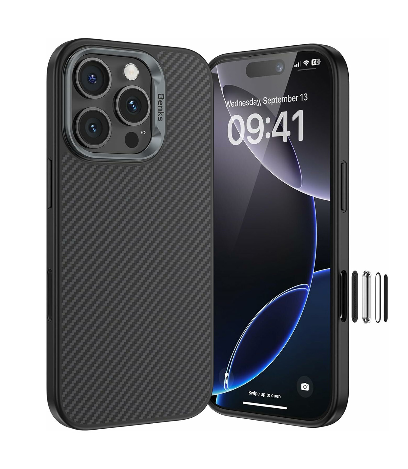 Benks Magnetic Armor Pro Kevlar -suojakuori metallikehyksellä 600D (AD66) Iphone 16 Pro Maxille, musta (kameran ohjauspainike)