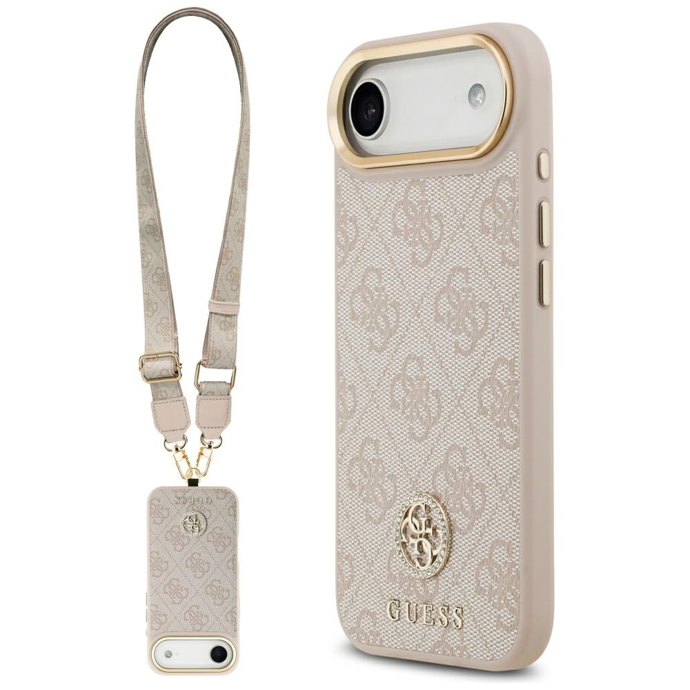 GUESS 4G Strass Logo & Big Strap Metal Buttons MagSafe Suojakuori iPhone 17 Airille - vaaleanpunainen