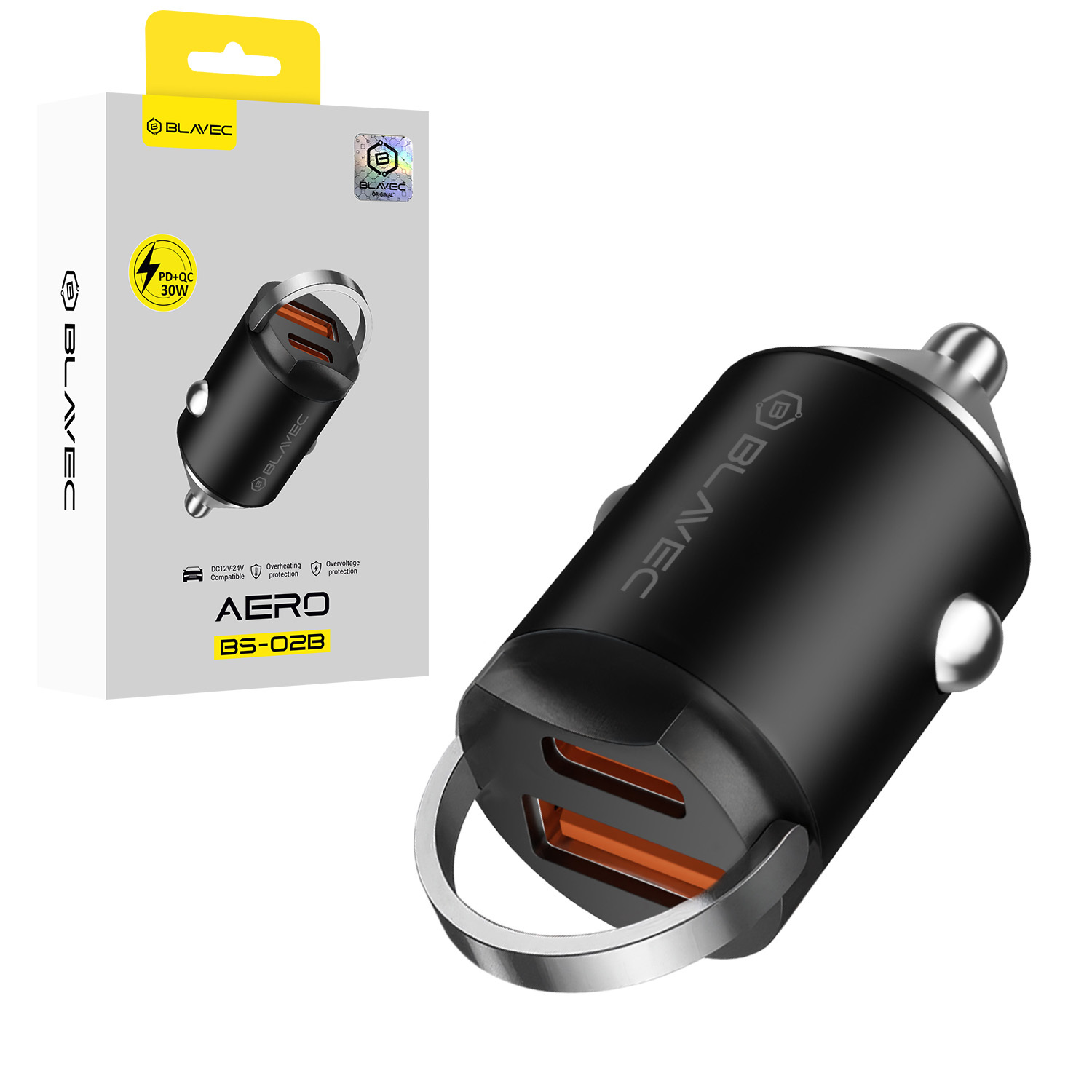 Blavec autolaturi BS-02B Aero – USB + Type C – QC 3.0 18W PD 30W (CCBS02BA-UCB) musta