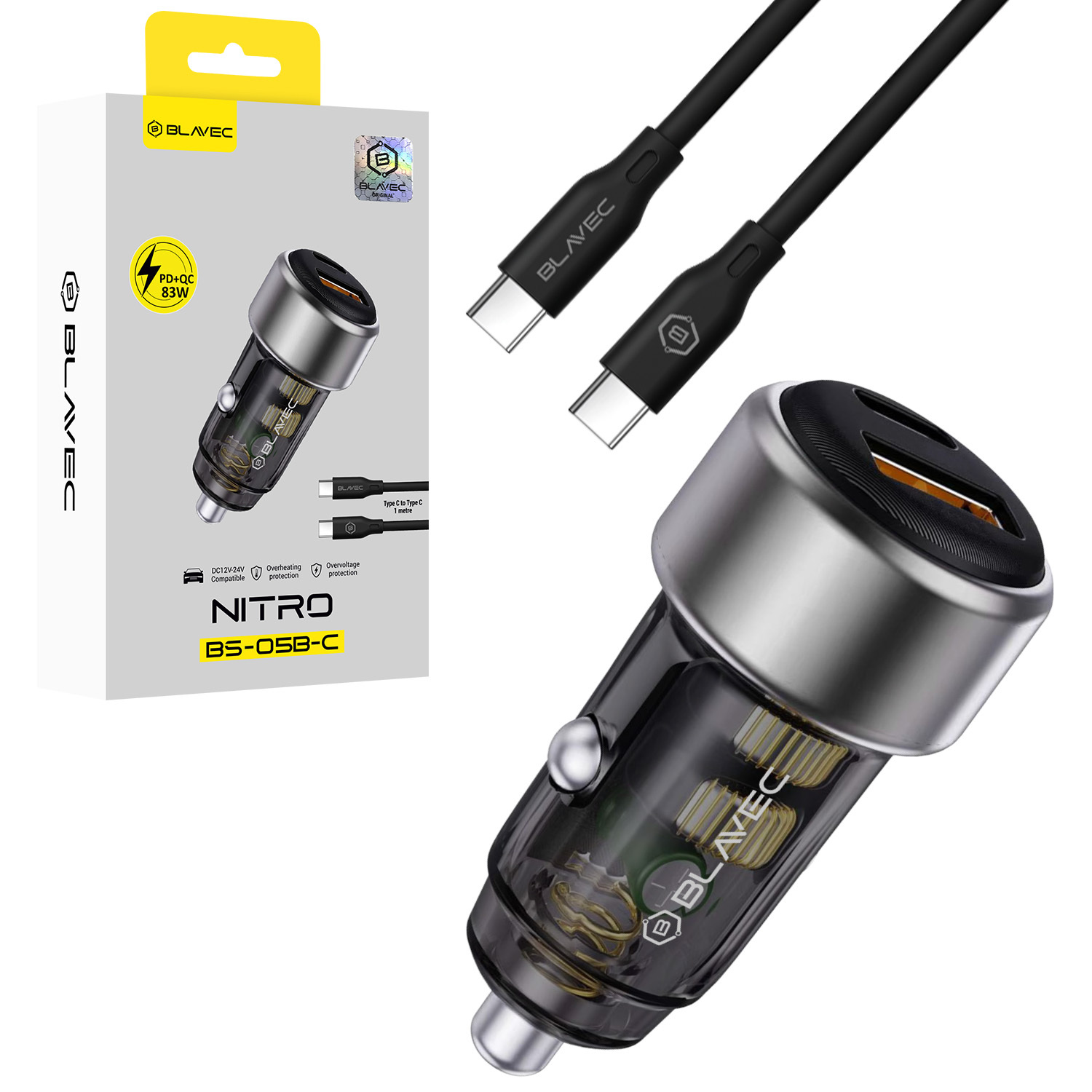 Blavec autolaturi BS-05B-C Nitro - USB + Type C - QC 3.0 18W PD 65W ja Type C - Type C -kaapeli (CCBS05BCN-UCB) musta