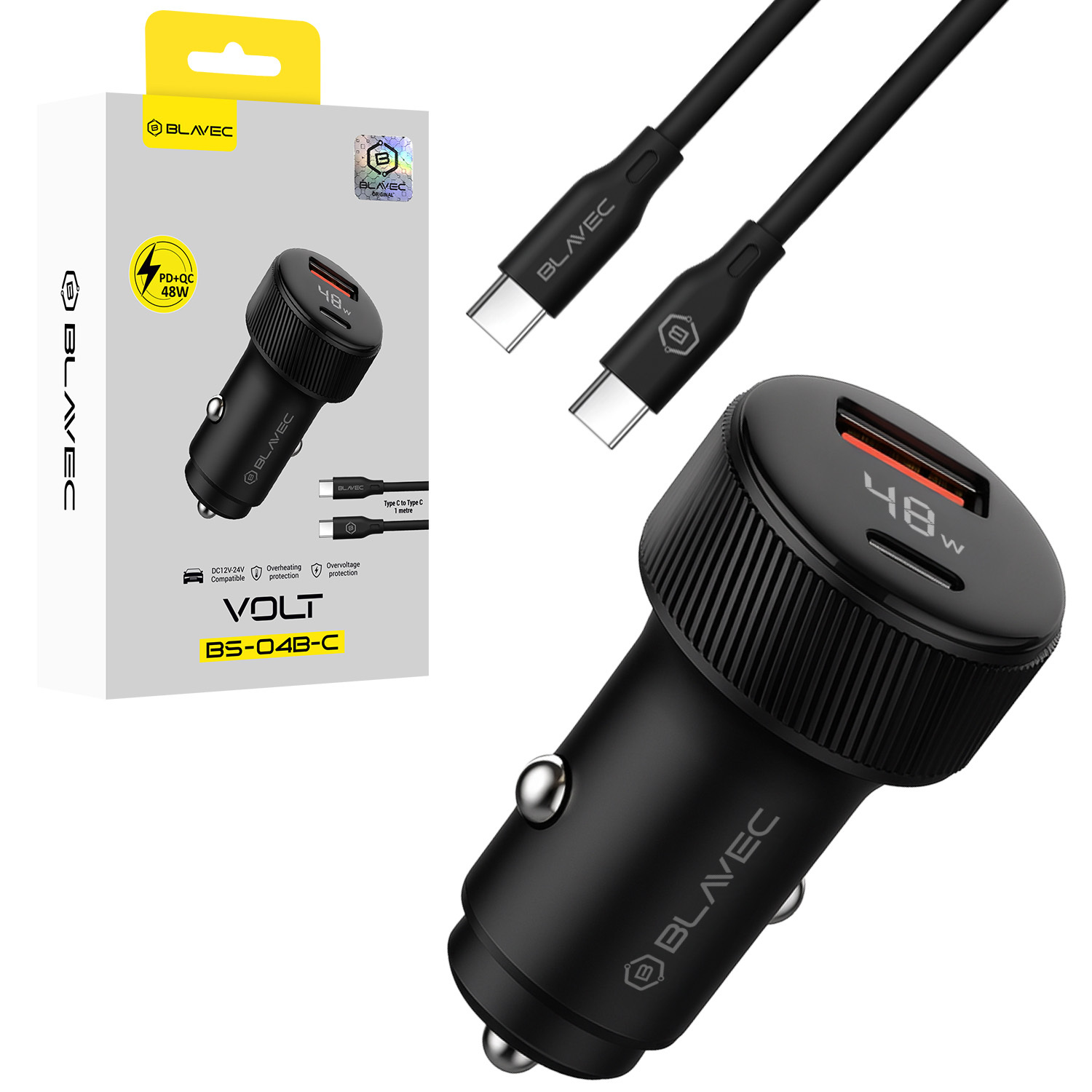 Blavec autolaturi BS-04B-C Volt - USB + Type C - QC 3.0 18W PD 30W ja Type C - Type C -kaapeli (CCBS04BCV-UCB) musta