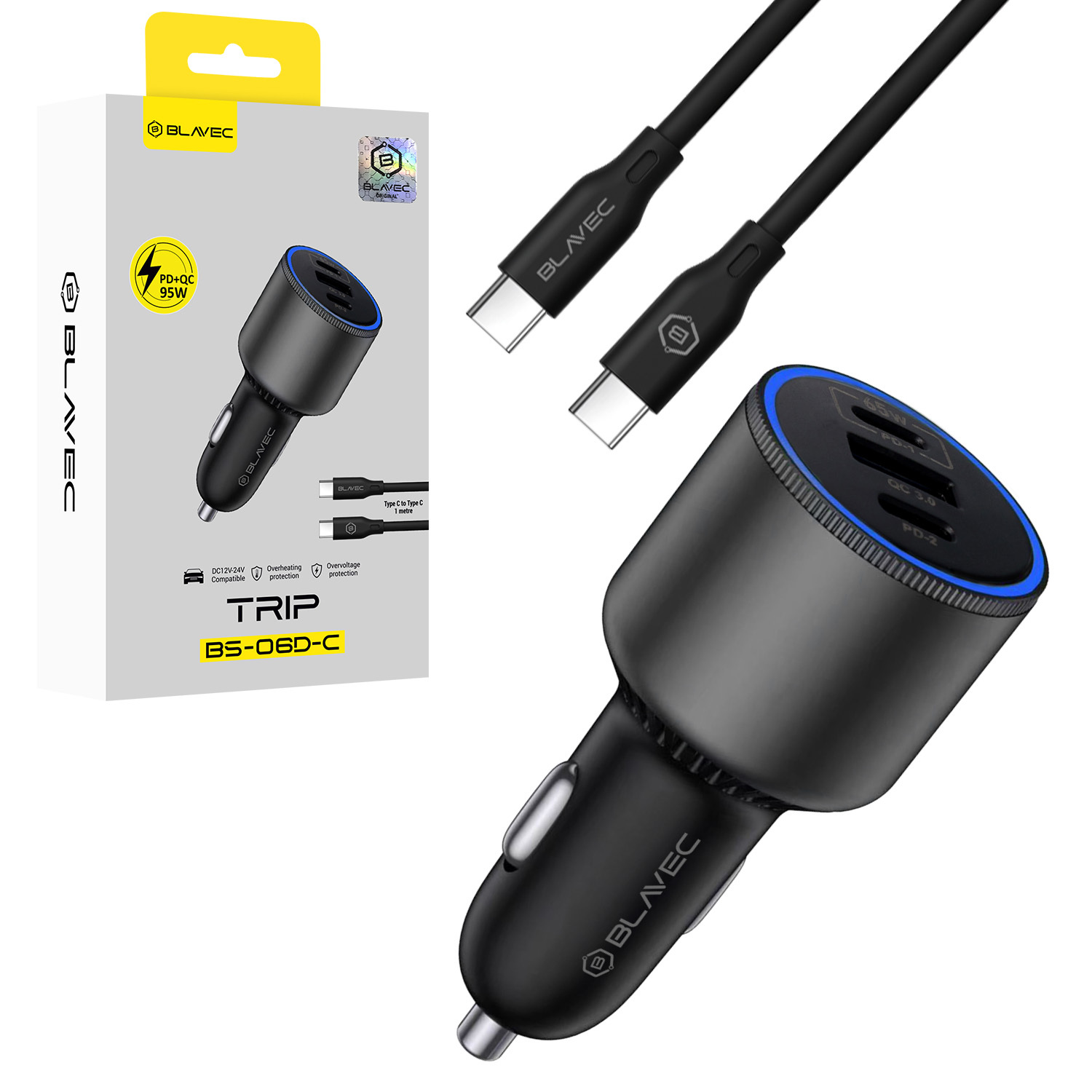 Blavec autolaturi BS-06D-C Trip - USB + 2xType C - QC 3.0 18W PD 65W ja Type C - Type C (CCBS06DCQ-U2CB) musta