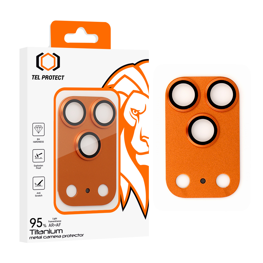 Karkaistu lasi Tel Protect 95% AR+AF, täysmetallinen kamerasuoja iPhone 17 Pro -kameralle, oranssi (kamerasaareke)