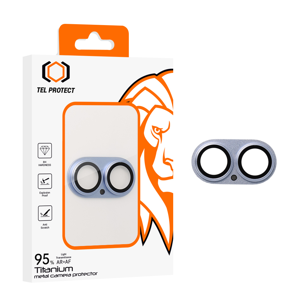 Karkaistu lasi Tel Protect 95% AR+AF Full Metal kameransuoja iPhone 17:lle sininen (kamerasaareke)