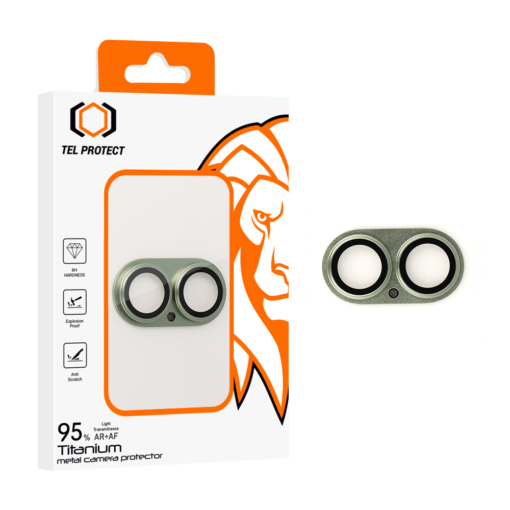 Karkaistu lasi Tel Protect 95% AR+AF Full Metal kameransuoja iPhone 17:lle vihreä (kamerasaareke)