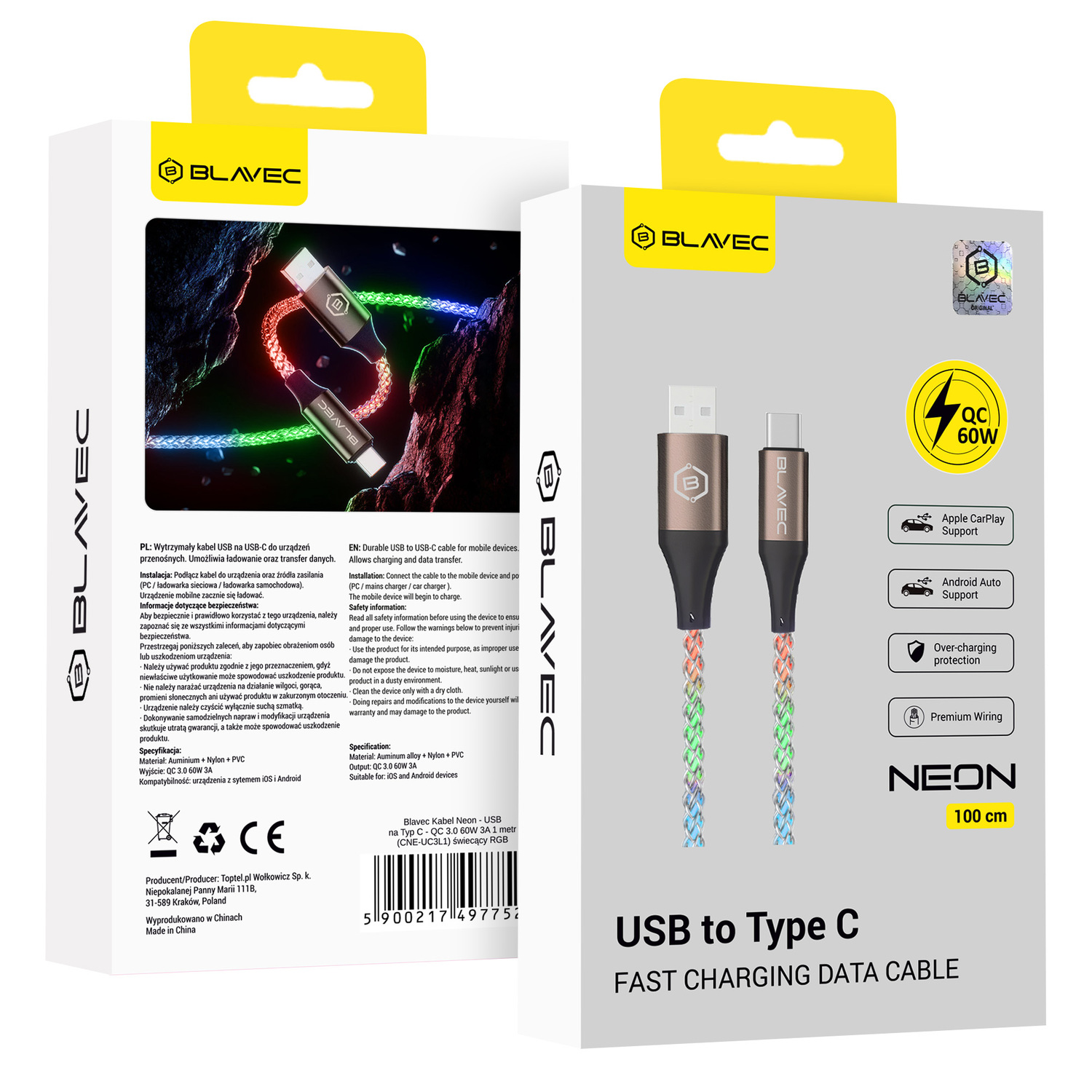 Blavec Neon Kaapeli - USB Type C:lle - QC 3.0 60W 3A 1 metri Apple CarPlay/Android Auto (CNE-UC3L1) hohtava RGB