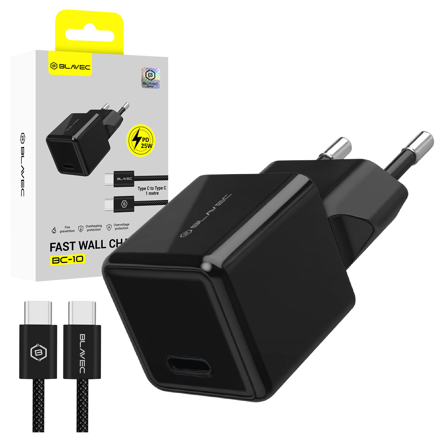 Blavec seinälaturi BC-10 – Type C – PD 25W 3A, mukana Type C–Type C -kaapeli (TCBC10-CB253A), musta