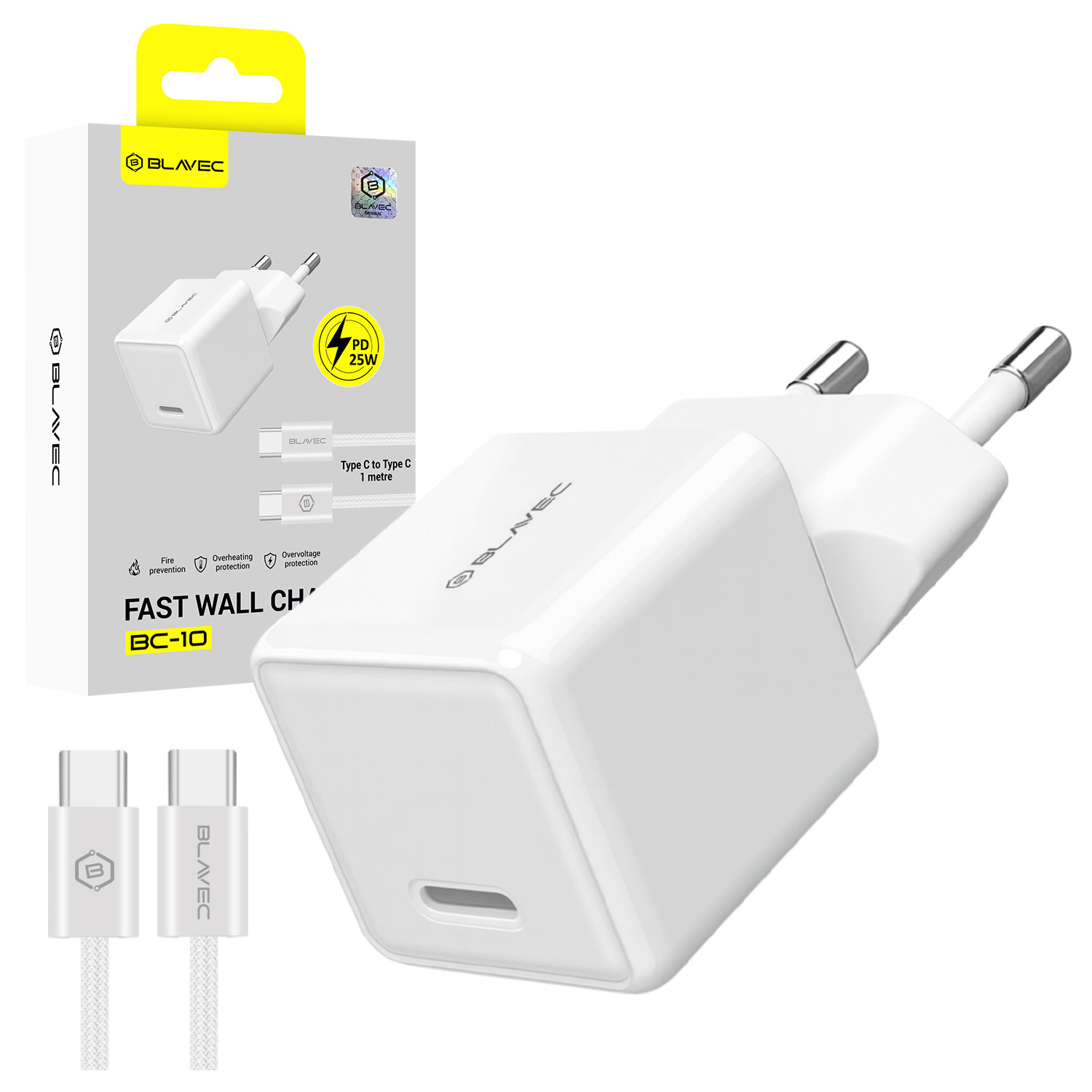 Blavec seinälaturi BC-10 – Type C – PD 25W 3A, mukana Type C–Type C -kaapeli (TCBC10-CW253A), valkoinen