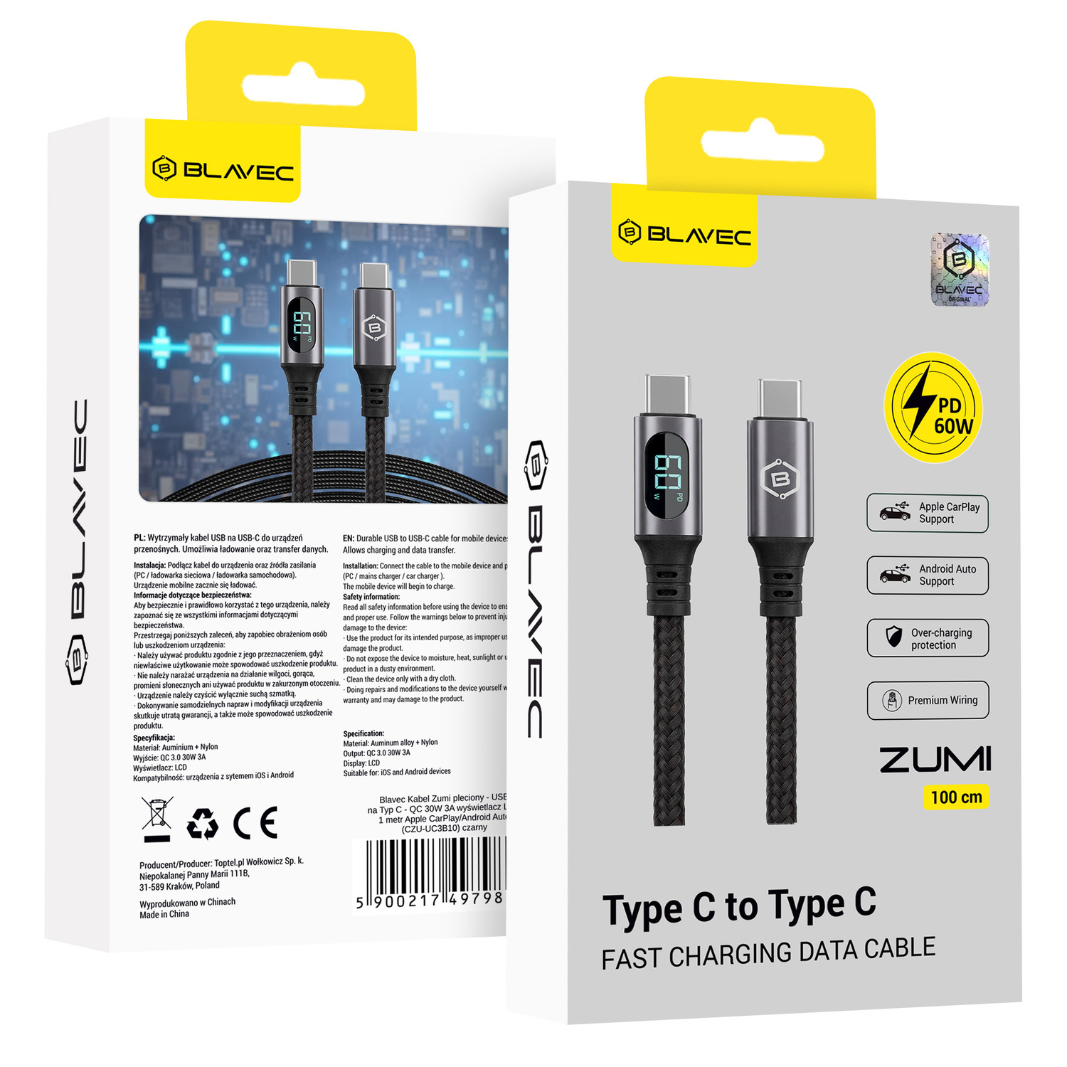 Blavec Zumi punottu kaapeli – Type C–Type C – PD 60W 3A, LCD-näyttö, 1 m, Apple CarPlay/Android Auto (CZU-CC3B10), musta