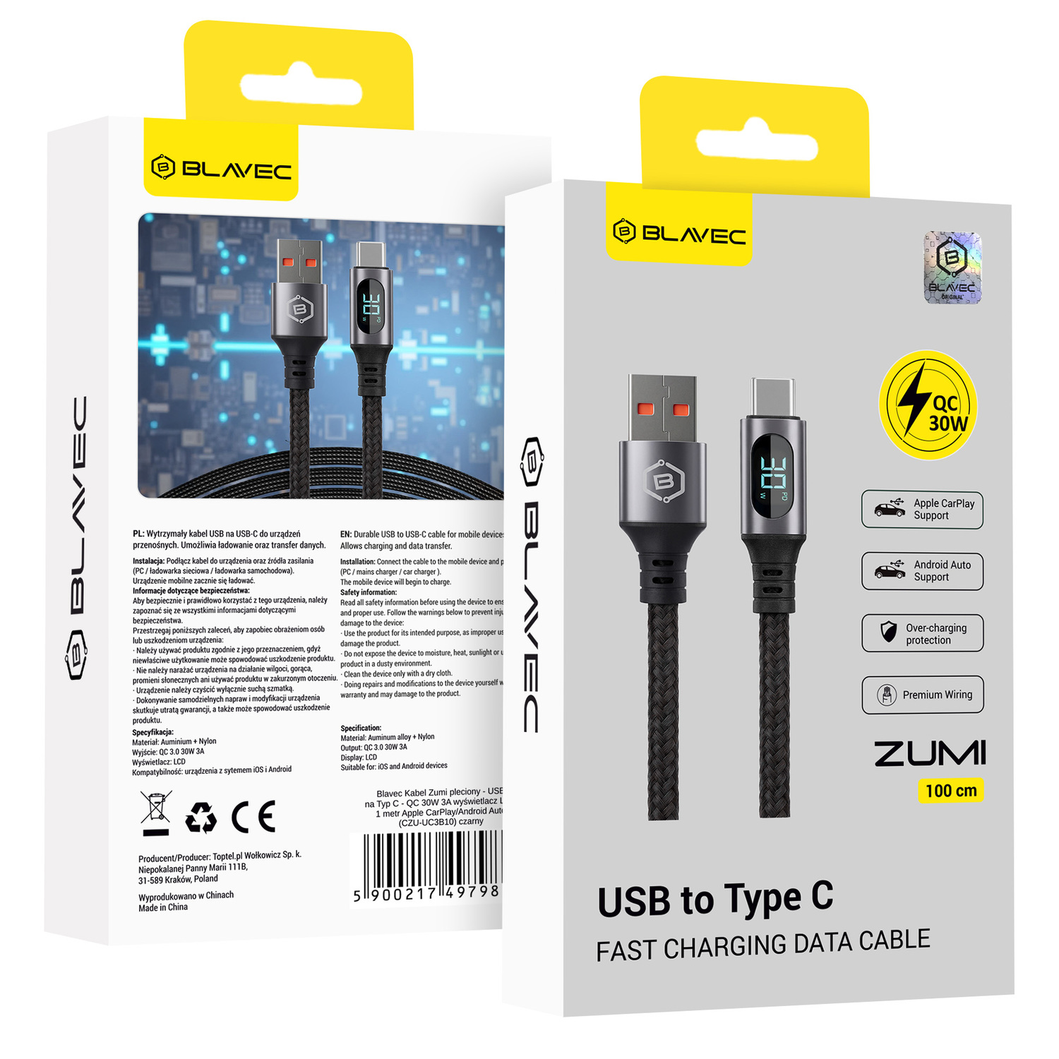 Blavec Zumi punottu kaapeli – USB–Type C – QC 30W 3A, LCD-näyttö, 1 m, Apple CarPlay/Android Auto (CZU-UC3B10), musta