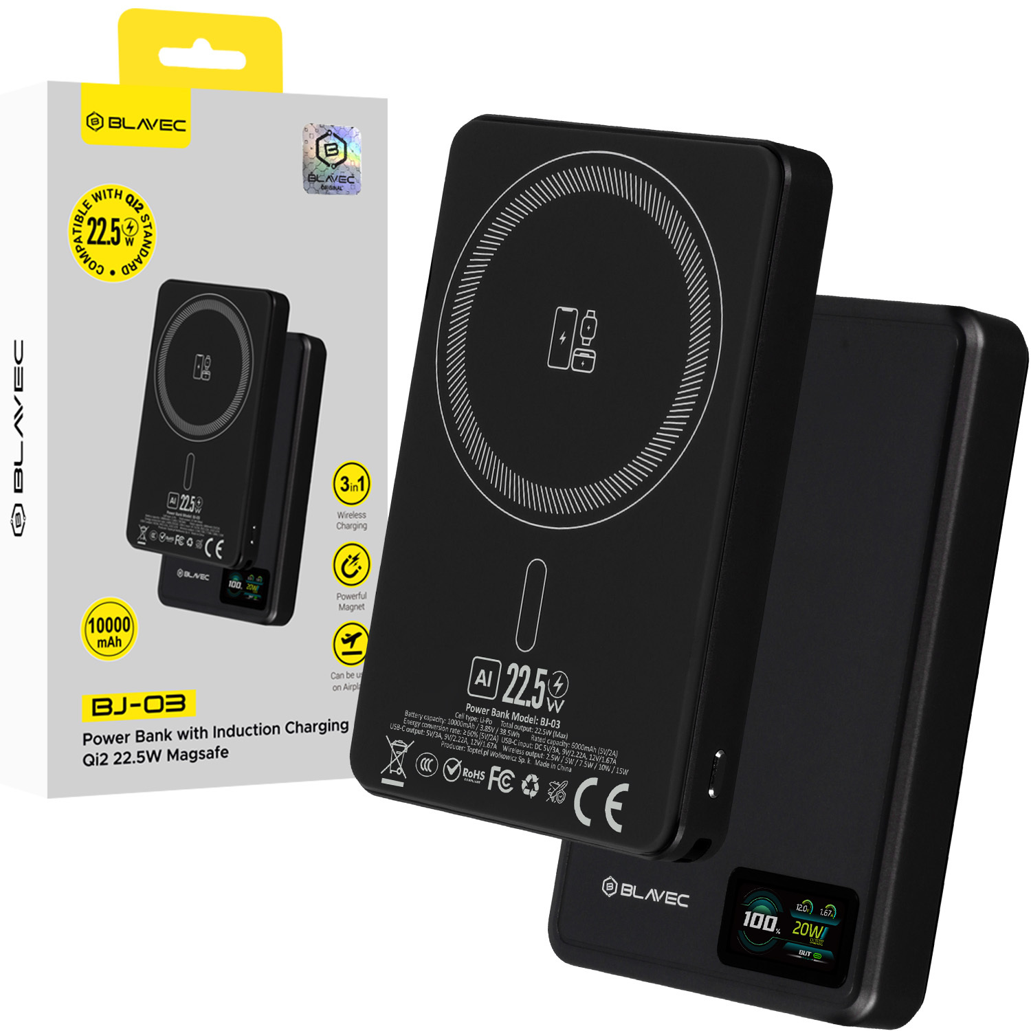 Blavec varavirtalähde 10000 mAh BJ-03 Slim 13,5 mm - Type C - 22,5 W magneettinen Magsafe 3-in-1 (PBBJ03-MC10B) musta alumiini