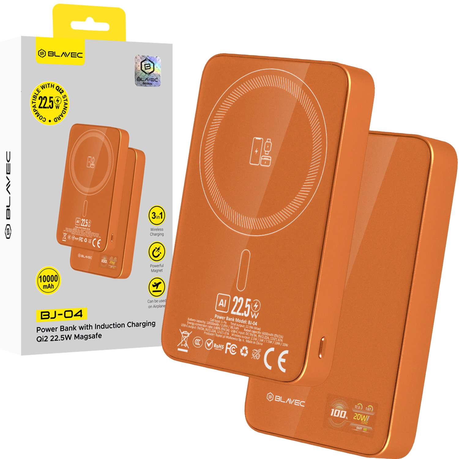 Blavec varavirtalähde 10000 mAh BJ-04 Slim 13,5 mm - Type C - 22,5 W magneettinen Magsafe 3-in-1 (PBBJ04-MC10O) oranssi lasi