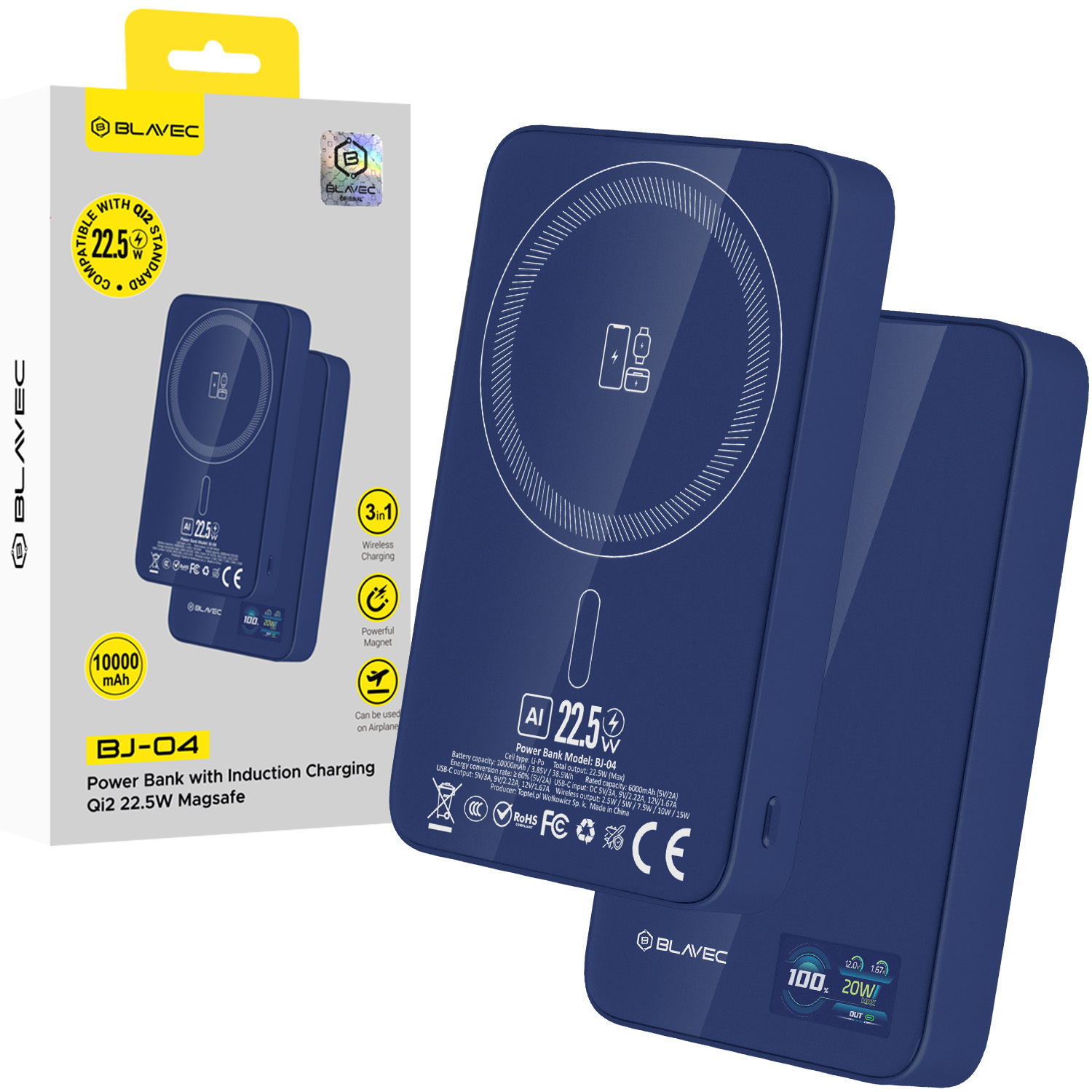 Blavec varavirtalähde 10000 mAh BJ-04 Slim 13,5 mm - Type C - 22,5 W magneettinen Magsafe 3-in-1 (PBBJ04-MC10N) tummansininen lasi