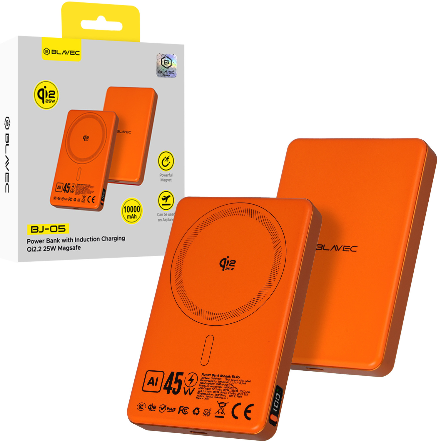 Blavec varavirtalähde 10000 mAh BJ-05 Ultra Fast 16 mm - Type C - Qi2.2 25 W + PD 45 W magneettinen induktio Magsafe 2-in-1 (PBBJ05-QI22MC10O) oranssi alumiini