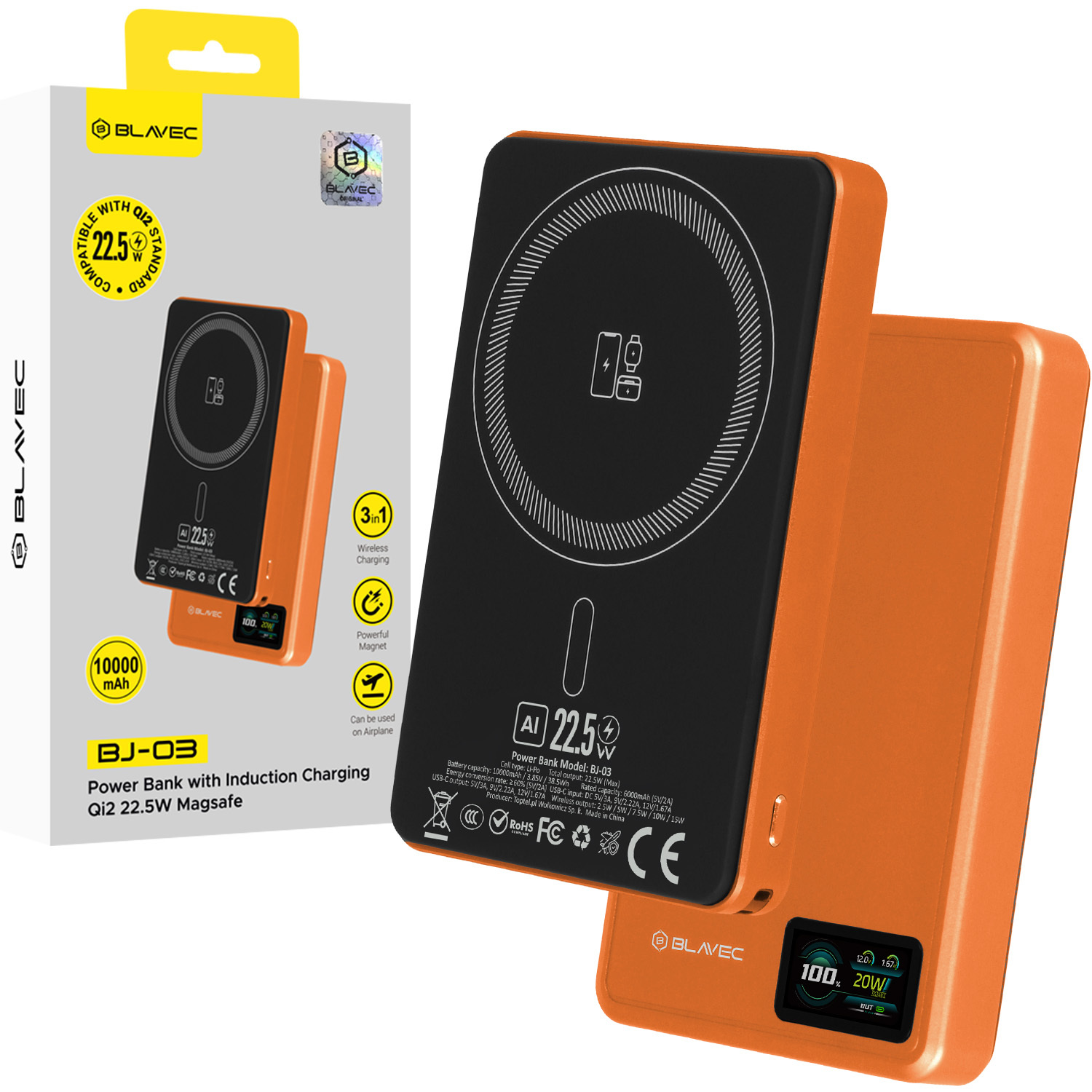 Blavec varavirtalähde 10000 mAh BJ-03 Slim 13,5 mm - Type C - 22,5 W magneettinen Magsafe 3-in-1 (PBBJ03-MC10O) oranssi alumiini