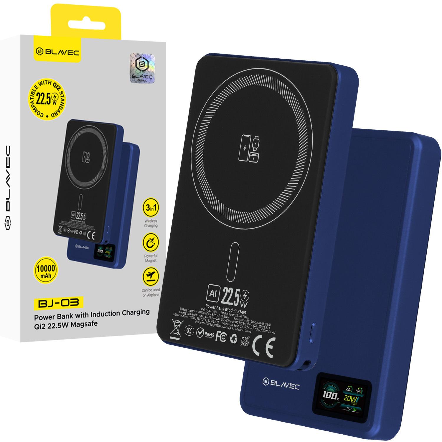 Blavec varavirtalähde 10000 mAh BJ-03 Slim 13,5 mm - Type C - 22,5 W magneettinen Magsafe 3-in-1 (PBBJ03-MC10N) tummansininen alumiini