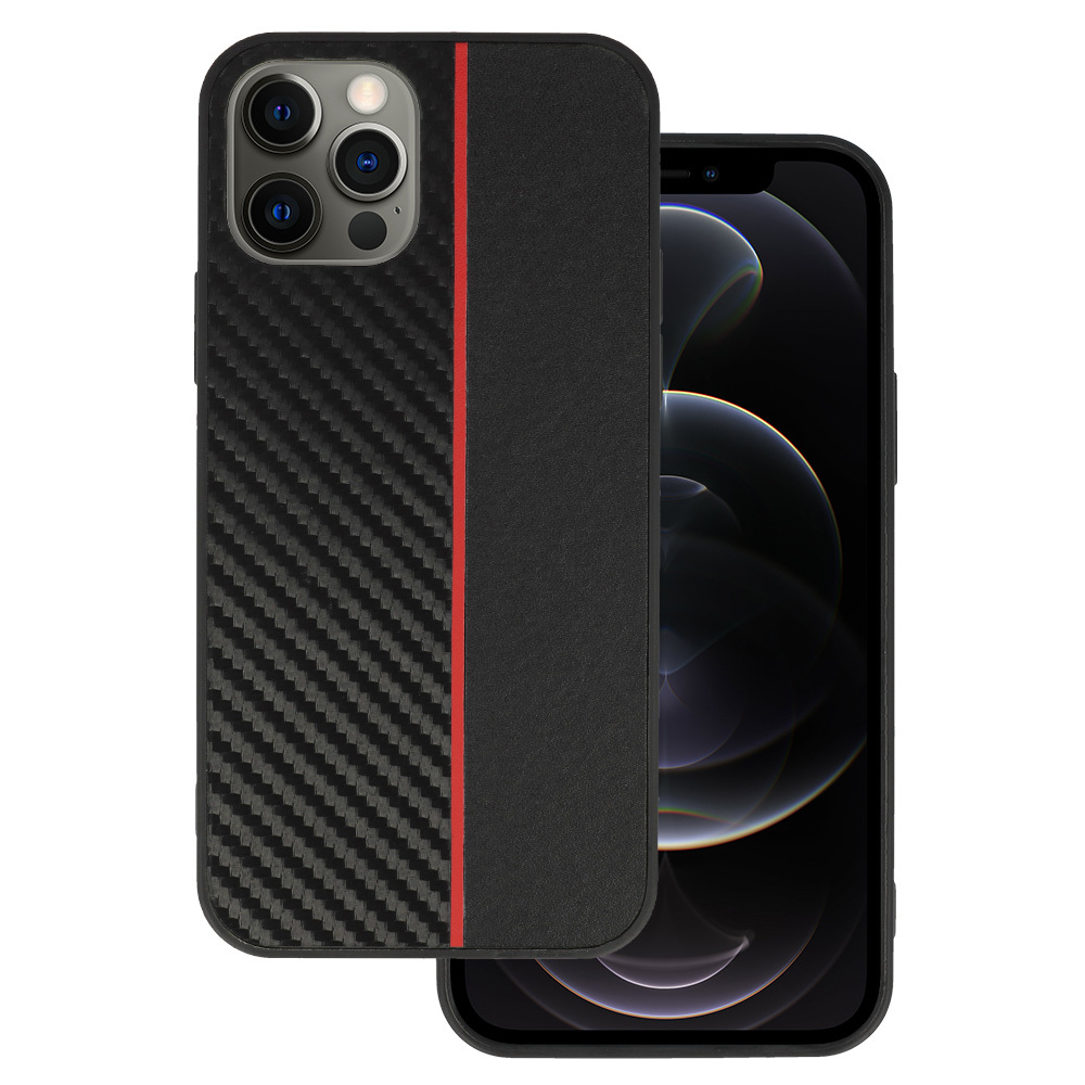 Tel Protect CARBON Suojakuori iPhone 12 Pro Max:lle musta punaisella raidalla