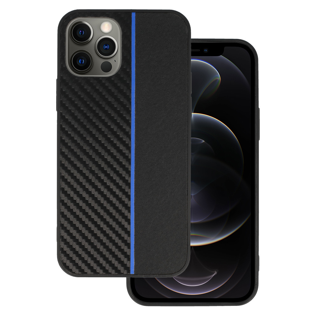 Tel Protect CARBON Suojakuori iPhone 12 Pro Max:lle musta sinisellä raidalla