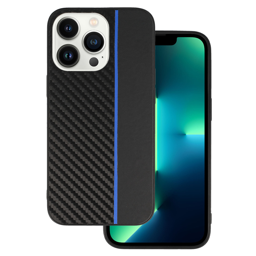 Tel Protect CARBON Suojakuori iPhone 13 Pro Max:lle musta sinisellä raidalla