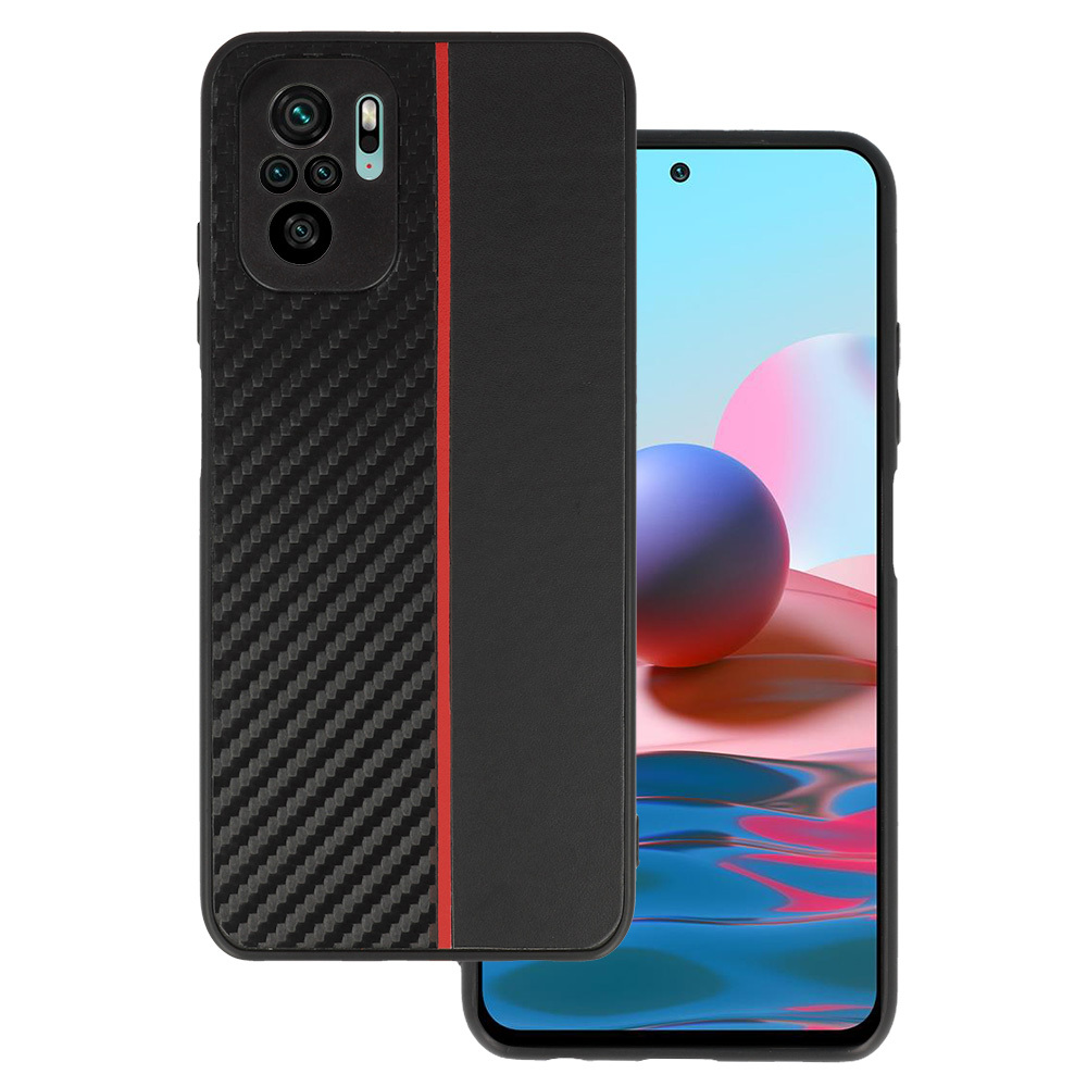 Tel Protect CARBON Suojakuori Xiaomi Redmi Note 10/Note 10S/Poco M5S:lle musta punaisella raidalla