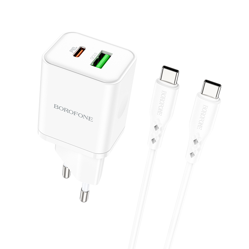 Borofone Seinälaturi BN7 - USB + Type C - QC 3.0 PD 20W Type C - Type C -kaapelilla valkoinen