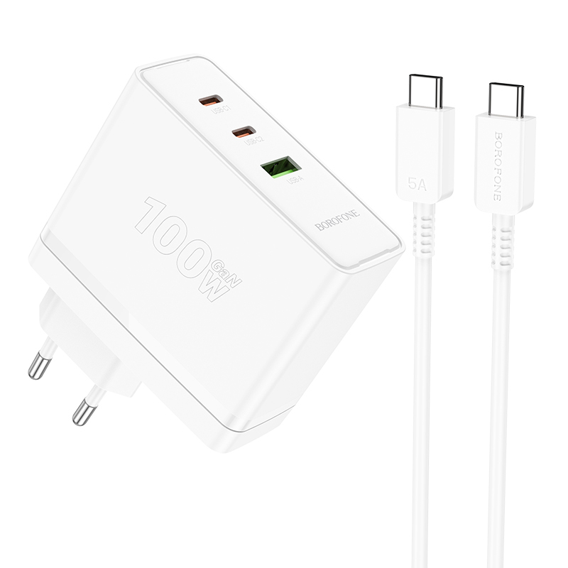 Borofone Wall charger BN11 Imperial - USB + 2xType C - QC 3.0 PD 100W with Type C to Type C cable white