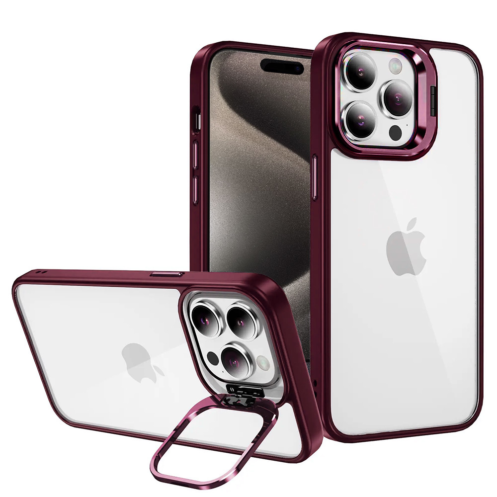 Tel Protect Kickstand case + camera glass (lens) for Iphone 15 Pro Max burgundy
