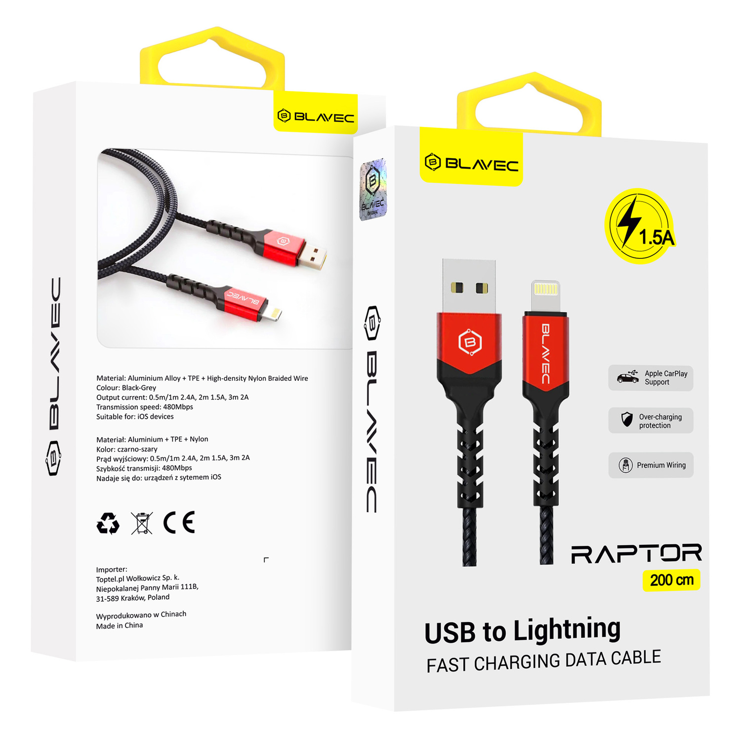 Blavec Raptor punottu Kaapeli - USB - Lightning - 1,5A 2 metriä Apple CarPlay (CRA-UL15BR20) musta-punainen