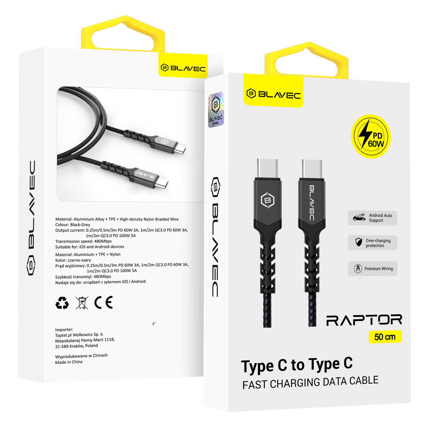 Blavec Raptor punottu Kaapeli - Type C - Type C - PD 60W 3A 0,5 metriä Apple CarPlay/Android Auto (CRA-CC3BG05) musta-harmaa