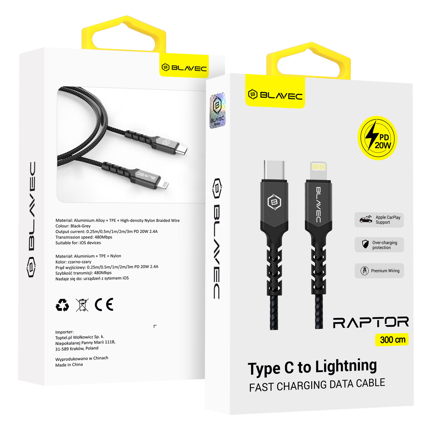 Blavec Raptor punottu kaapeli - Type-C - Lightning - PD 20W 2,4A 3 m Apple CarPlay (CRA-CL24BG30) musta ja harmaa