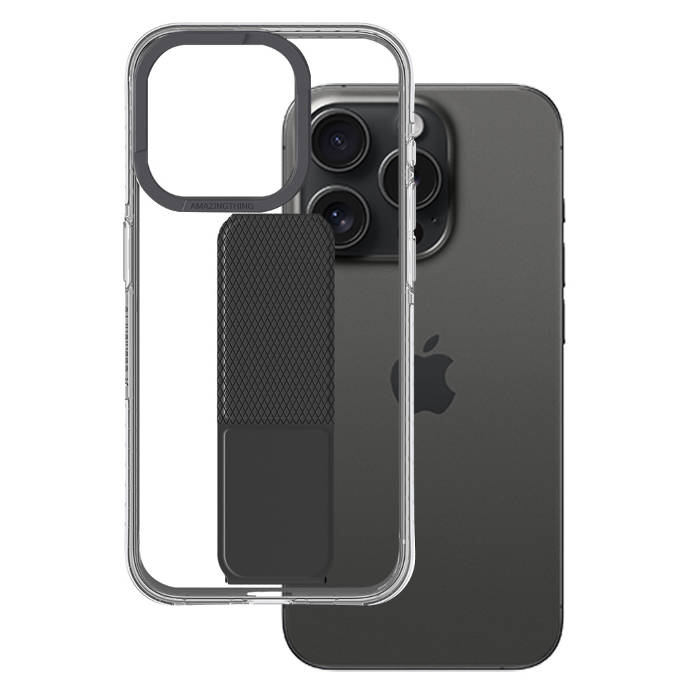 Amazing Thing Titan Pro Holder Suojakuori 10FT IP156.7PTHBK iPhone 15 Pro Max:lle musta jalustalla