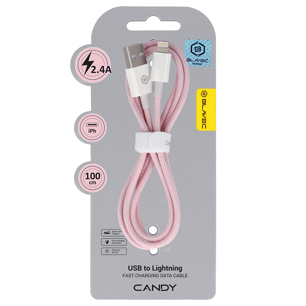 Blavec Cable Candy braided - USB to Lightning - 2,4A 1 metre Apple CarPlay (CCA-UL24P10) pink