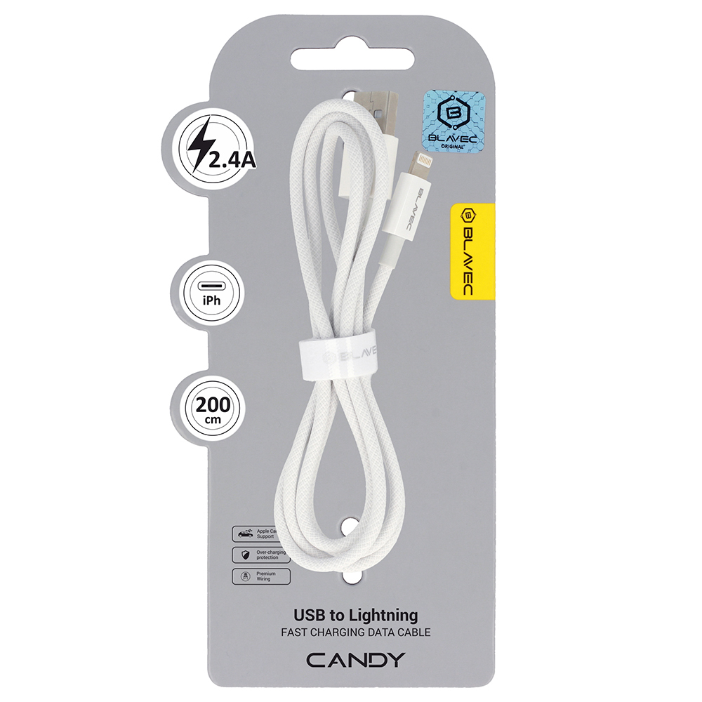 Blavec Cable Candy punottua - USB - Lightning - 2,4A 2 metriä Apple CarPlay (CCA-UL24W20) valkoinen