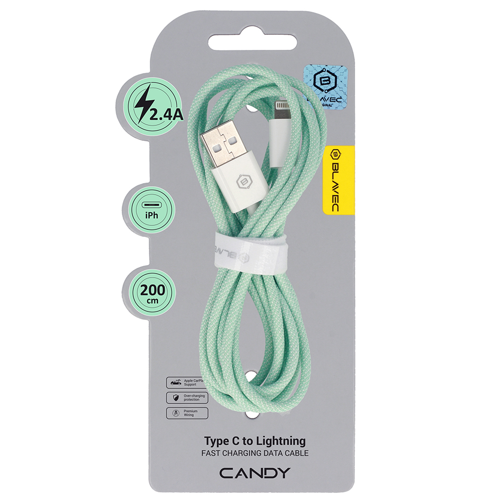 Blavec Cable Candy braided - USB to Lightning - 2,4A 2 metres Apple CarPlay (CCA-UL24GN20) green