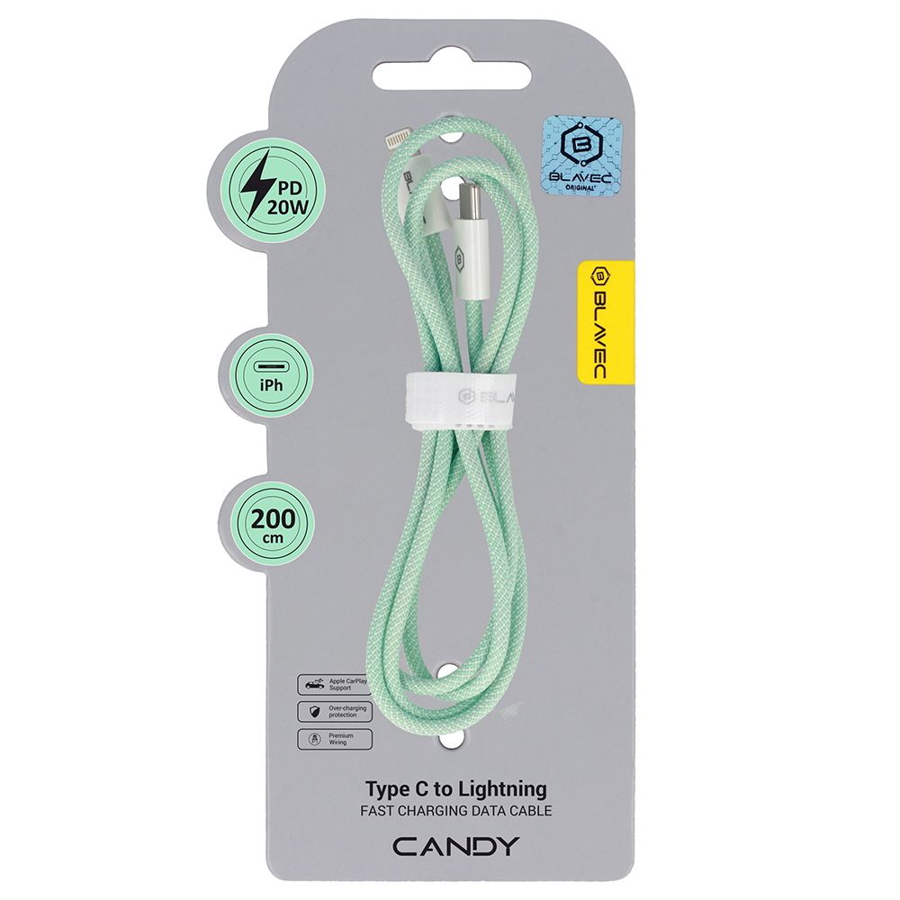 Blavec Cable Candy punottua - Type C - Lightning - PD 20W 2,4A 2 metriä Apple CarPlay (CCA-CL24GN20) vihreä