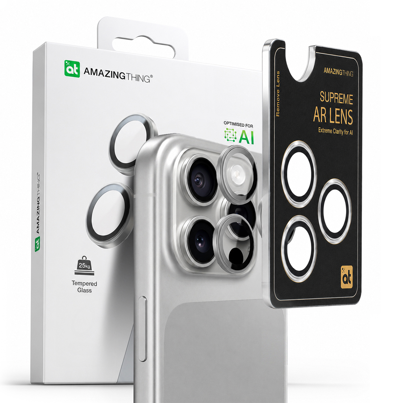 AmazingThing AR Aluminum 3 Lens Glass kameralinssikehyksellä iPhone 16 Pro / 16 Pro Max:lle - hopeinen