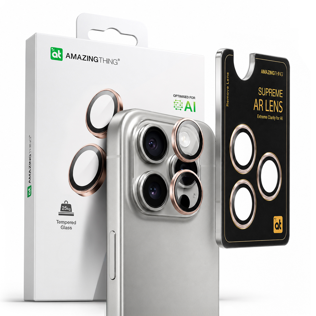 AmazingThing AR Aluminum 3 Lens Glass Kameran Linssin Kehyksellä iPhone 16 Pro / 16 Pro Max:lle - Rose Gold